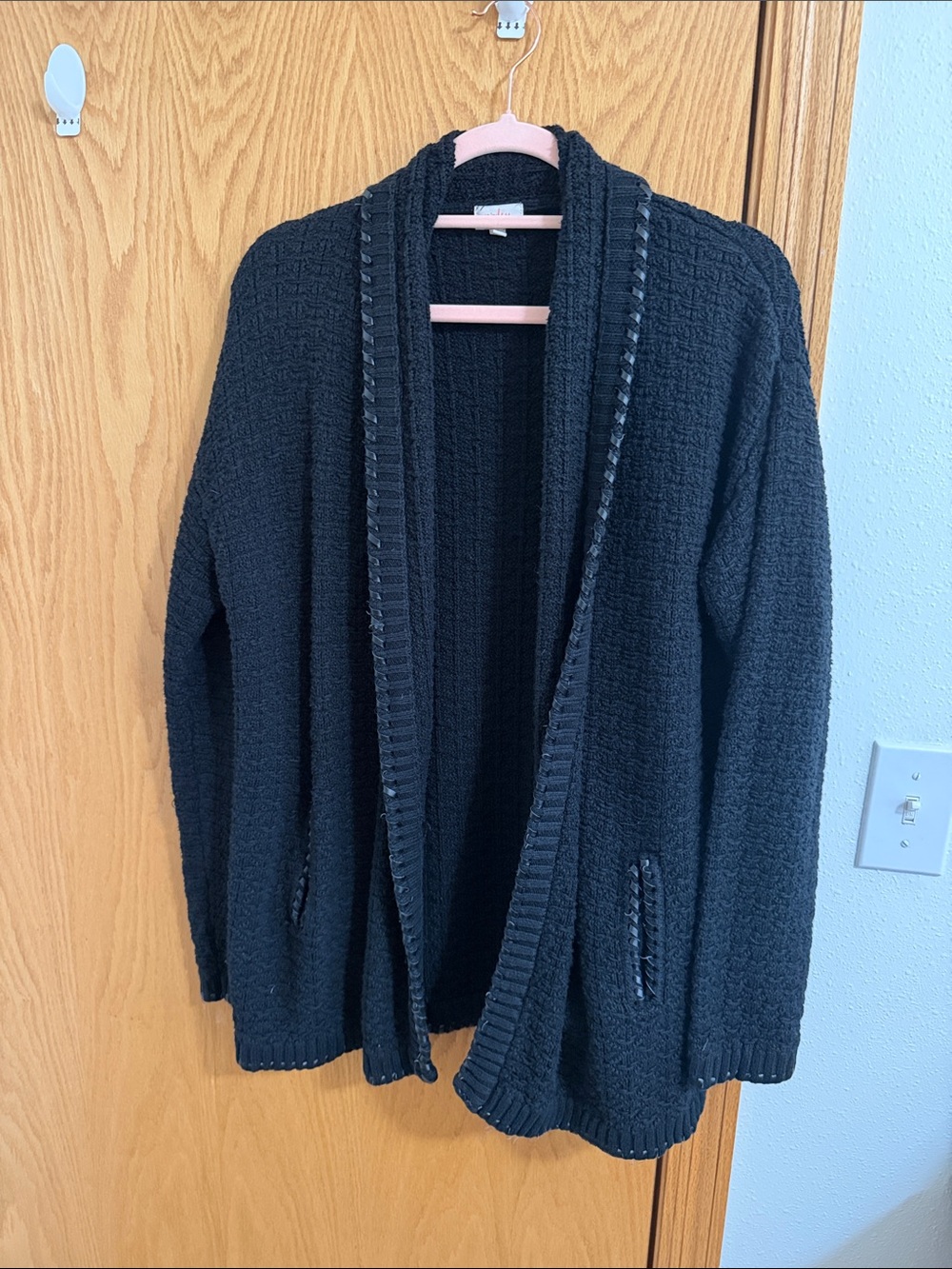 Pixley Black Textured Open-Front Shawl Collar Cardigan w/ Faux leather trim